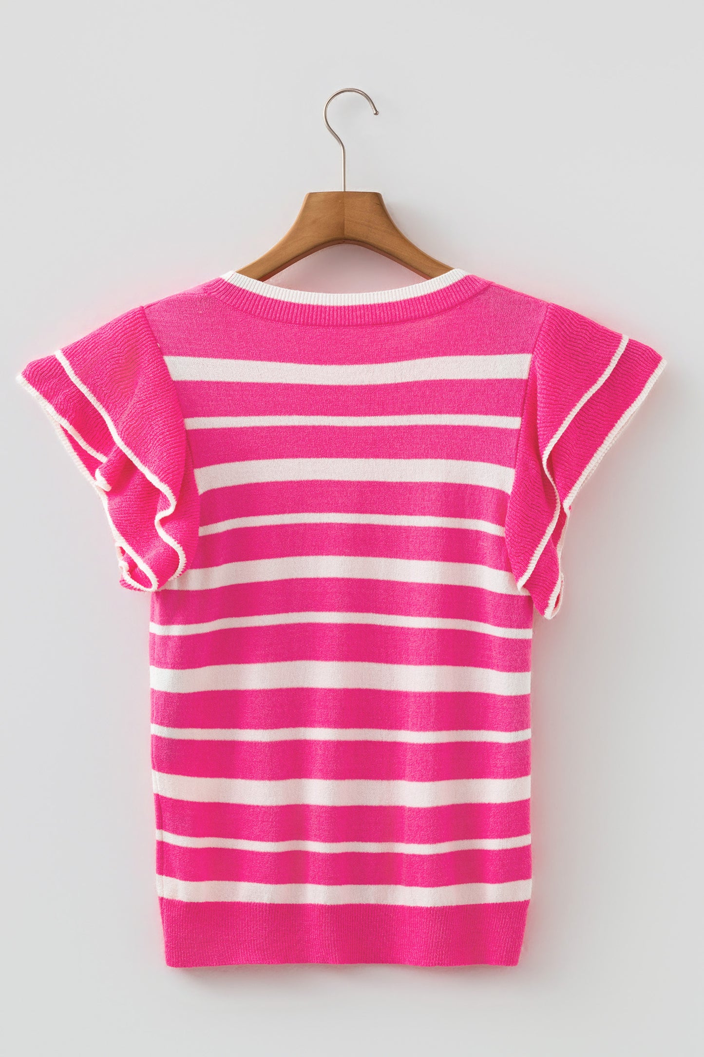 Rose Stripe Double Ruffle Short Sleeve Lightweight Knit Sweater-Sweaters & Cardigans/Short Sleeve Sweaters-[Adult]-[Female]-2022 Online Blue Zone Planet