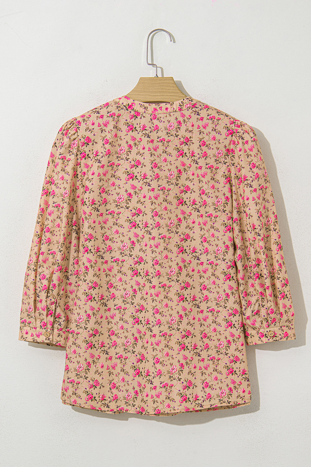 Light French Beige Floral Print Bow Pintuck Bust Half Puff Sleeve Blouse Top-Tops/Blouses & Shirts-[Adult]-[Female]-2022 Online Blue Zone Planet