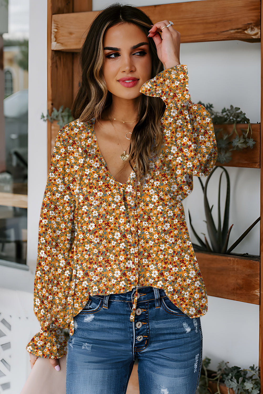 Orange Boho Floral Ruffled Bubble Sleeve V Neck Fall Blouse-Tops/Blouses & Shirts-[Adult]-[Female]-2022 Online Blue Zone Planet