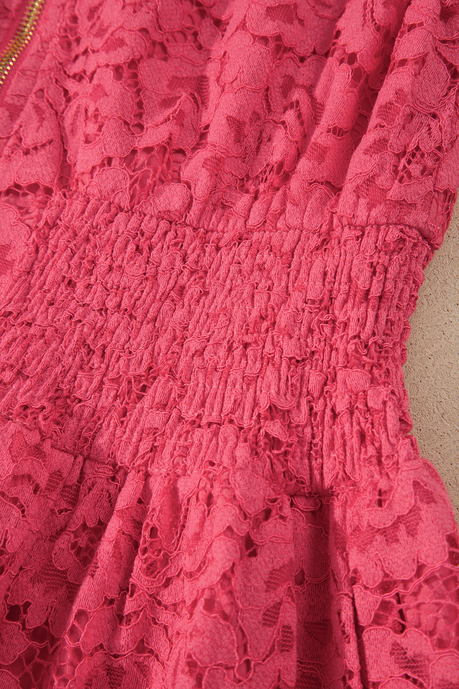 Coral Floral Lace Overlay Zip Up V Neck Smocked Waist Sleeveless Dress-TOPS / DRESSES-[Adult]-[Female]-2022 Online Blue Zone Planet