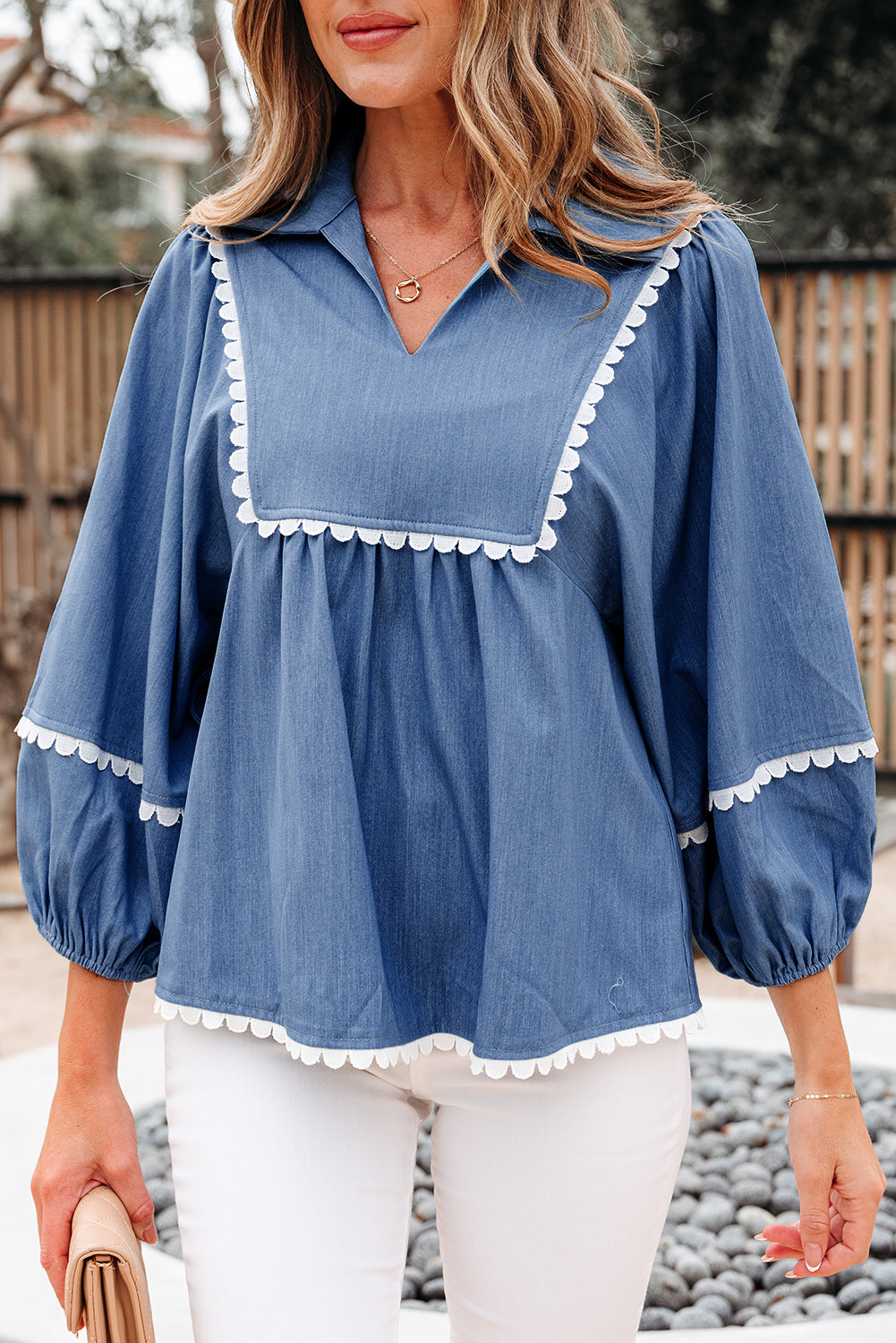 Dusk Blue Lace Ric Rac 3/4 Puff Sleeve Collared Babydoll Blouse-Tops/Blouses & Shirts-[Adult]-[Female]-2022 Online Blue Zone Planet