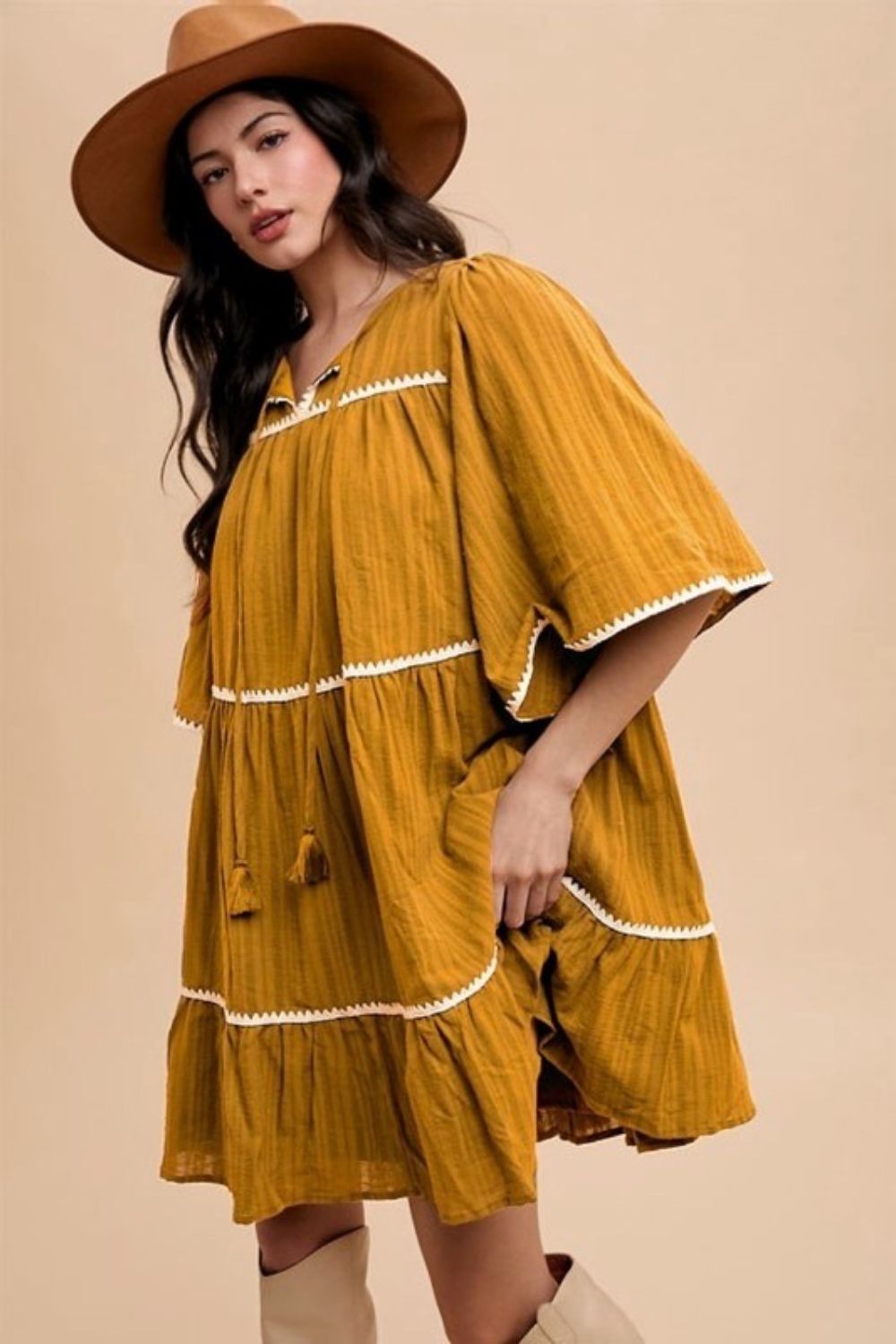 Annie Wear Tassel Contrast Trim Tie Neck Half Sleeve Tiered Dress-TOPS / DRESSES-[Adult]-[Female]-Mustard-S-2022 Online Blue Zone Planet