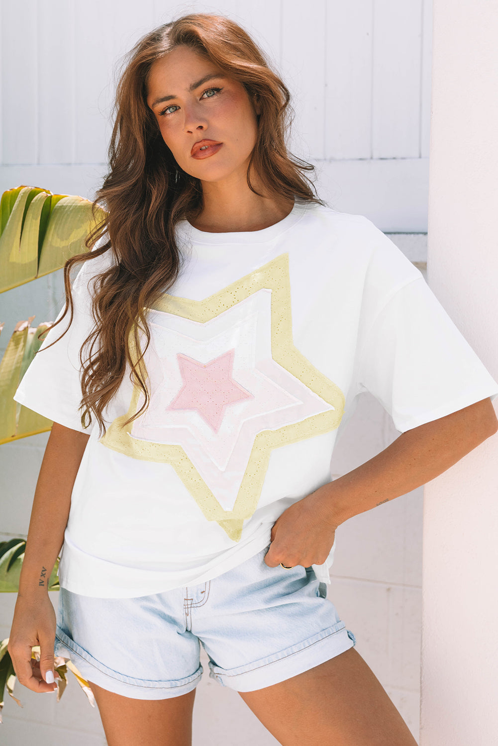White Star Layered Patched Graphic Drop Shoulder Half Sleeve Loose Tee-Tops/Tops & Tees-[Adult]-[Female]-2022 Online Blue Zone Planet