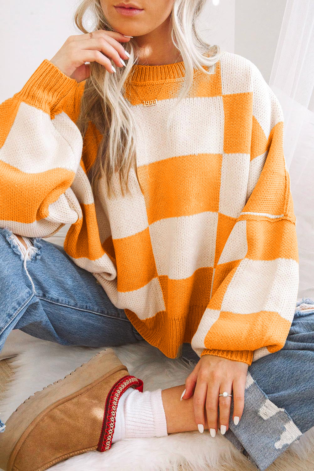 Rose Stripe Checkered Bishop Sleeve Sweater-Sweaters & Cardigans/Sweaters-[Adult]-[Female]-Grapefruit Orange-S-2022 Online Blue Zone Planet