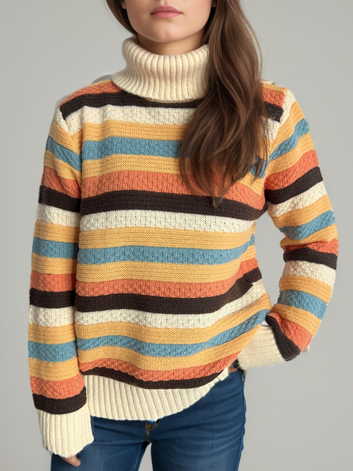 Blue Zone Planet | Contrast Stripes Turtleneck Long Sleeve Sweater-TOPS / DRESSES-[Adult]-[Female]-2022 Online Blue Zone Planet