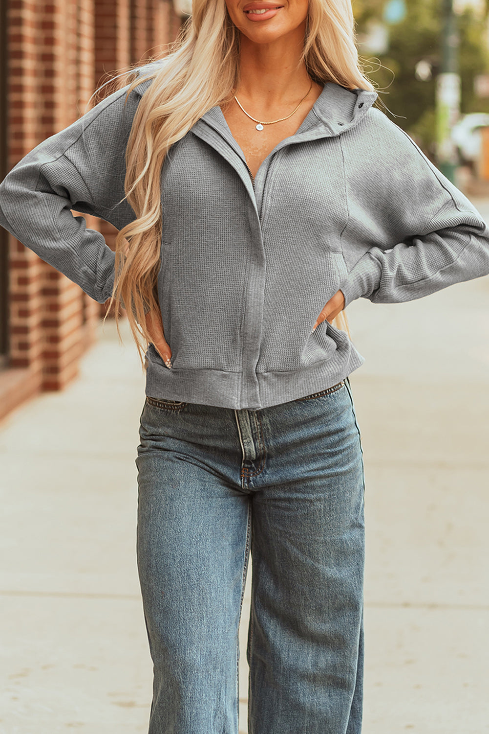 Gray Waffle Splicing Zip Up Front Button Hooded Jacket-Tops / Dresses-[Adult]-[Female]-2022 Online Blue Zone Planet