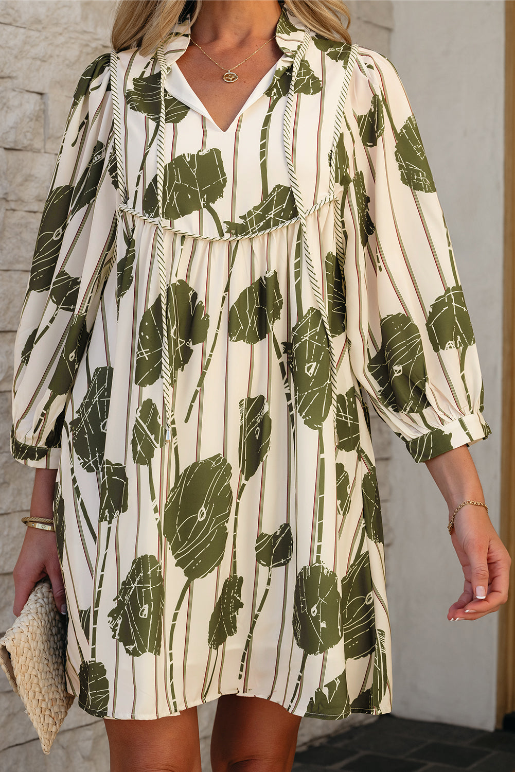 Blue Zone Planet | Guacamole Green Floral Striped Print Contrast Piping Puff Sleeve Dress-TOPS / DRESSES-[Adult]-[Female]-2022 Online Blue Zone Planet