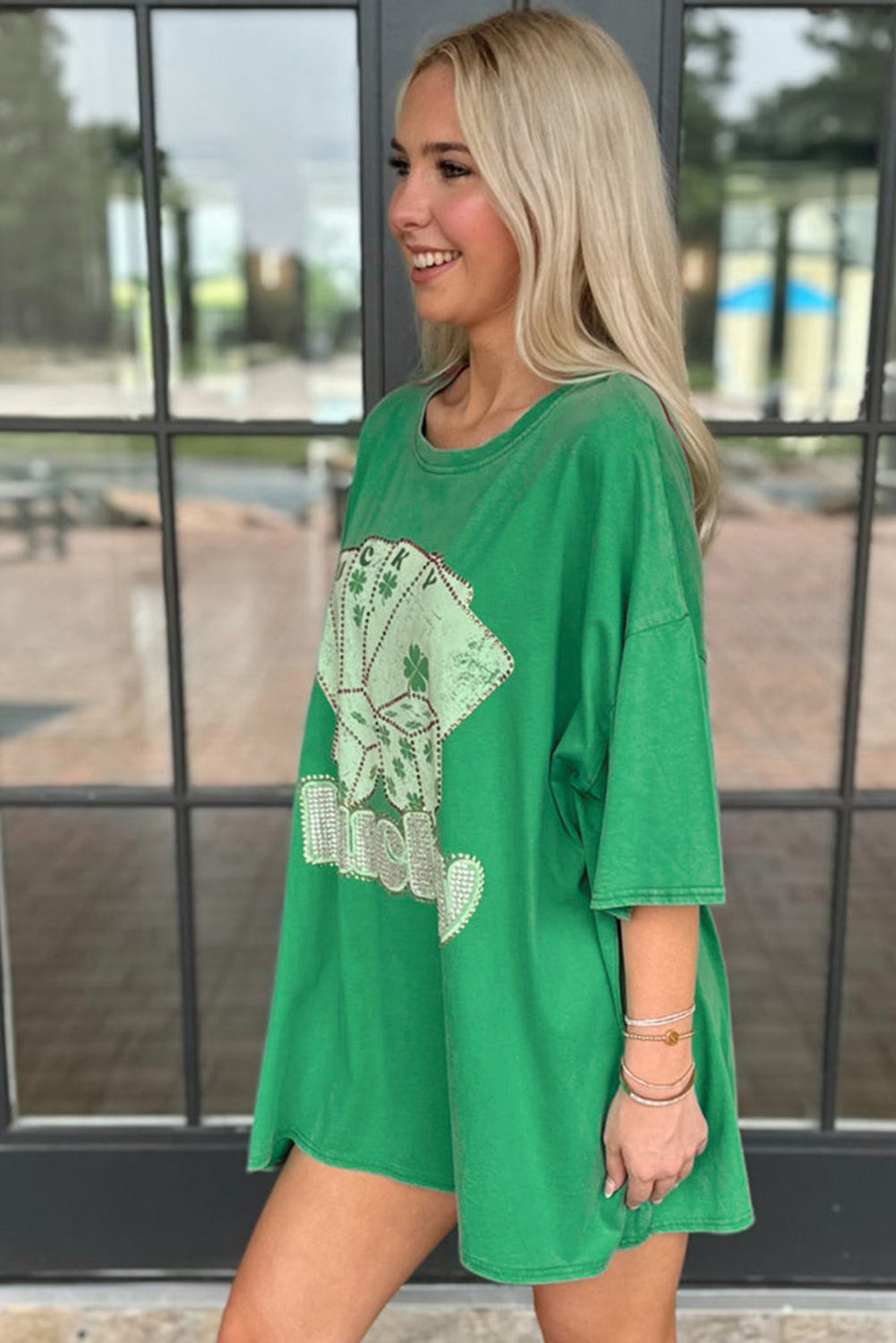 Bright Green Rhinestone Lucky Poker Cards Oversized T Shirt Mini Dress-TOPS / DRESSES-[Adult]-[Female]-2022 Online Blue Zone Planet