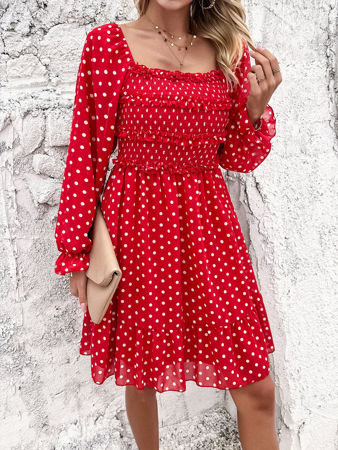 Smocked Polka Dot Long Sleeve Dress-TOPS / DRESSES-[Adult]-[Female]-2022 Online Blue Zone Planet