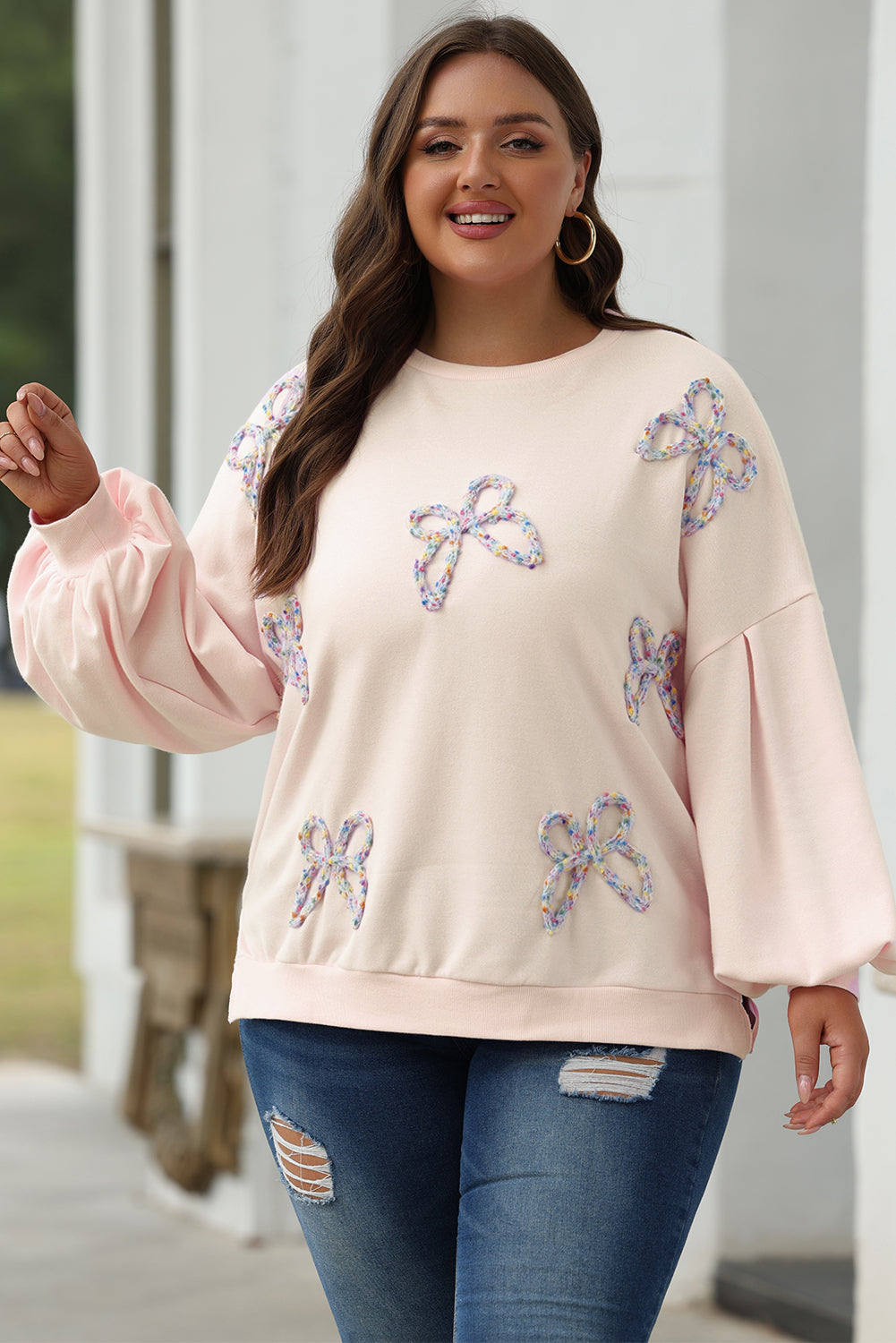 Blue Zone Planet | Light Pink Embroidered Bow Lantern Sleeve Oversized Pullover Sweatshirt-Tops/Sweatshirts & Hoodies-[Adult]-[Female]-2022 Online Blue Zone Planet