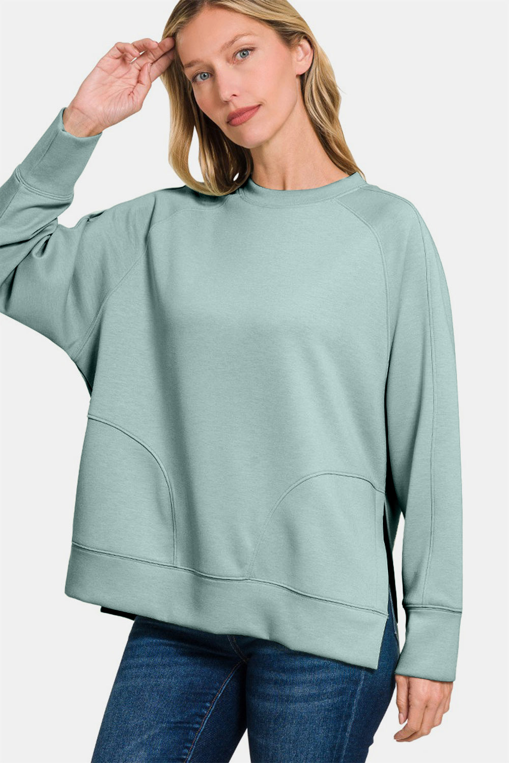 Zenana Scuba Round Neck Side Slit Sweatshirt-TOPS / DRESSES-[Adult]-[Female]-2022 Online Blue Zone Planet