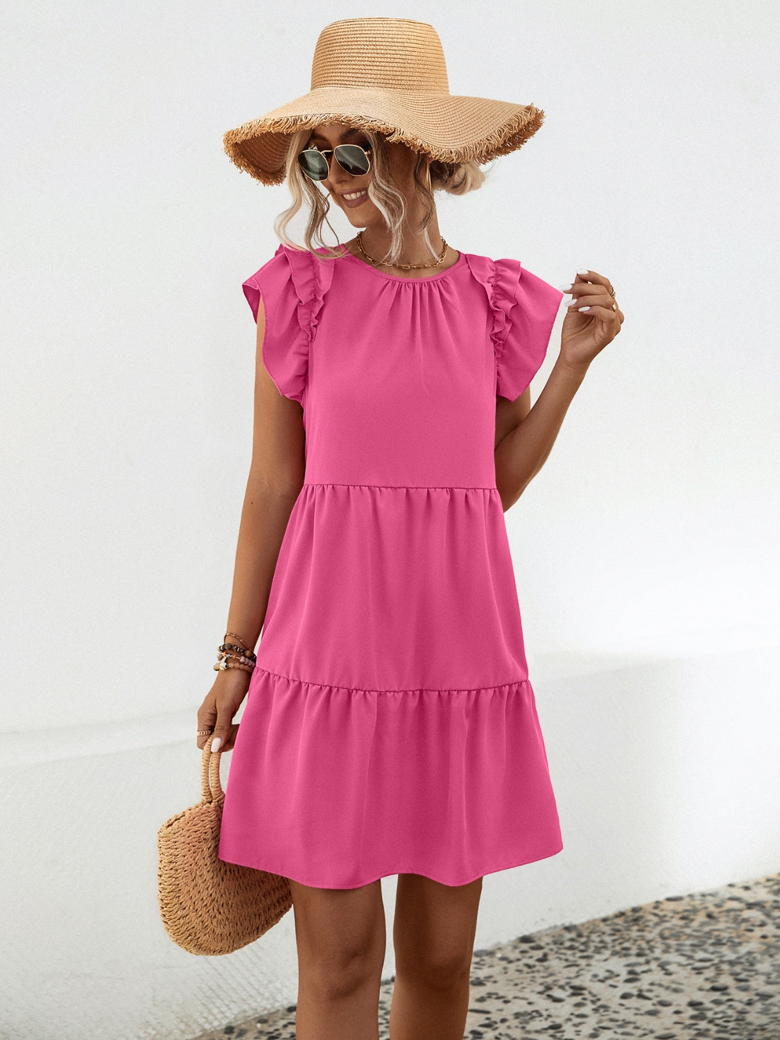 Ruffled Round Neck Cap Sleeve Mini Dress-TOPS / DRESSES-[Adult]-[Female]-Hot Pink-S-2022 Online Blue Zone Planet