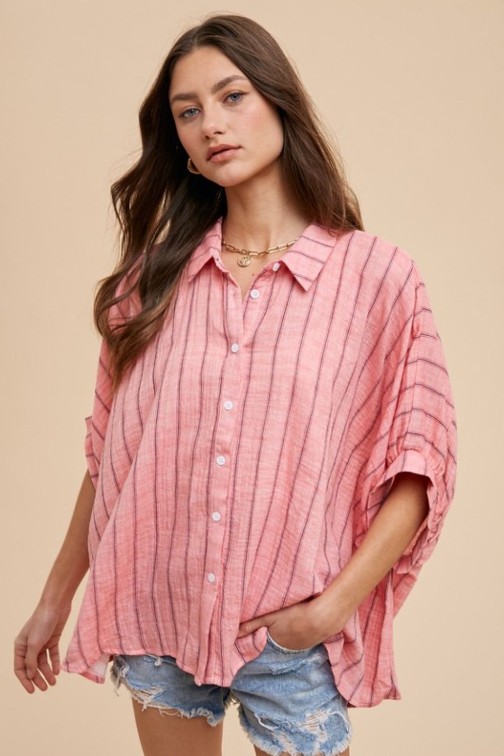 Annie Wear Striped Button Up Half Sleeve Shirt-TOPS / DRESSES-[Adult]-[Female]-Coral Pink-S-2022 Online Blue Zone Planet