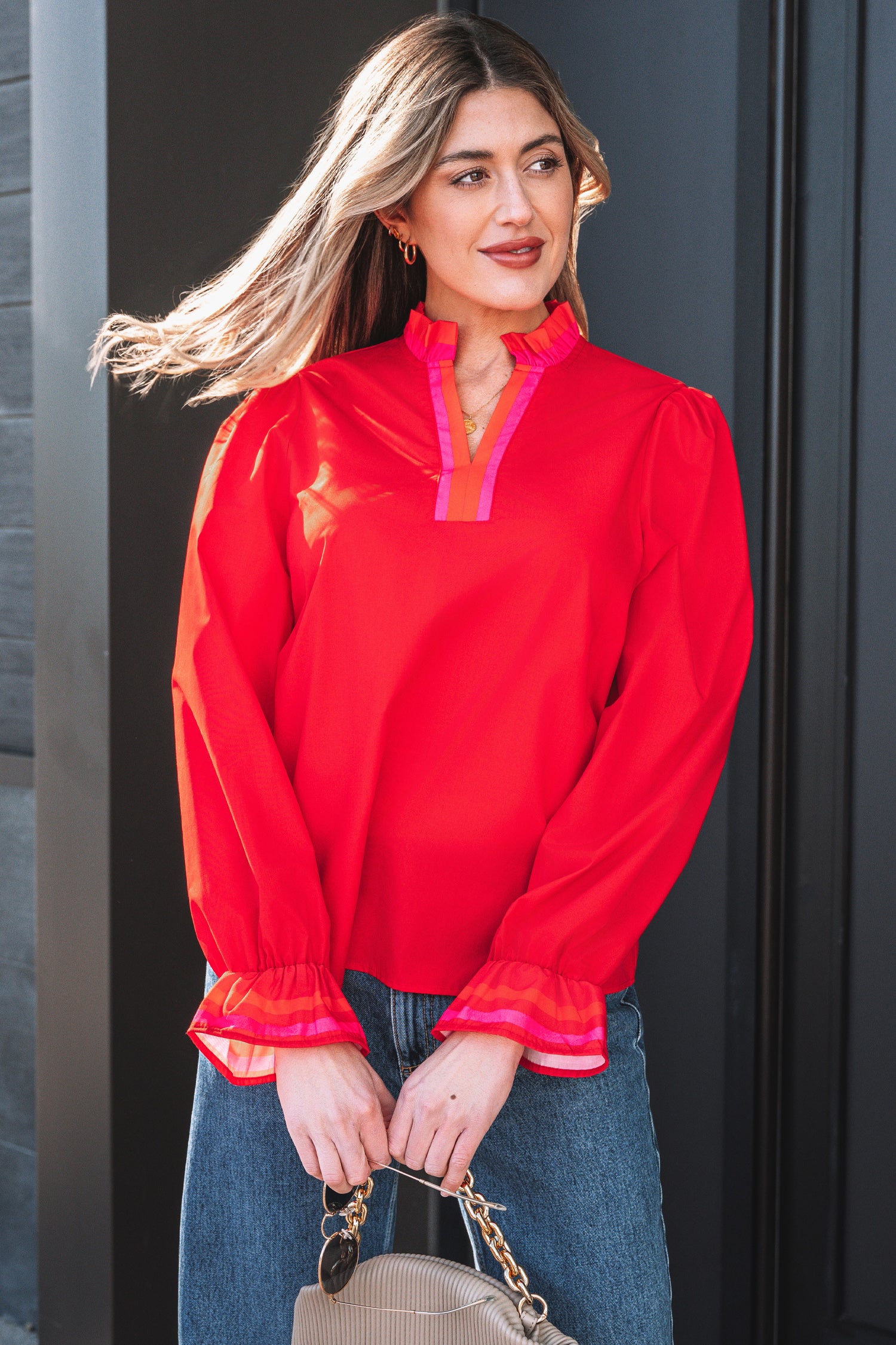 Black Striped Trim Ruffle Split Neck Long Sleeve Blouse-Tops/Blouses & Shirts-[Adult]-[Female]-2022 Online Blue Zone Planet