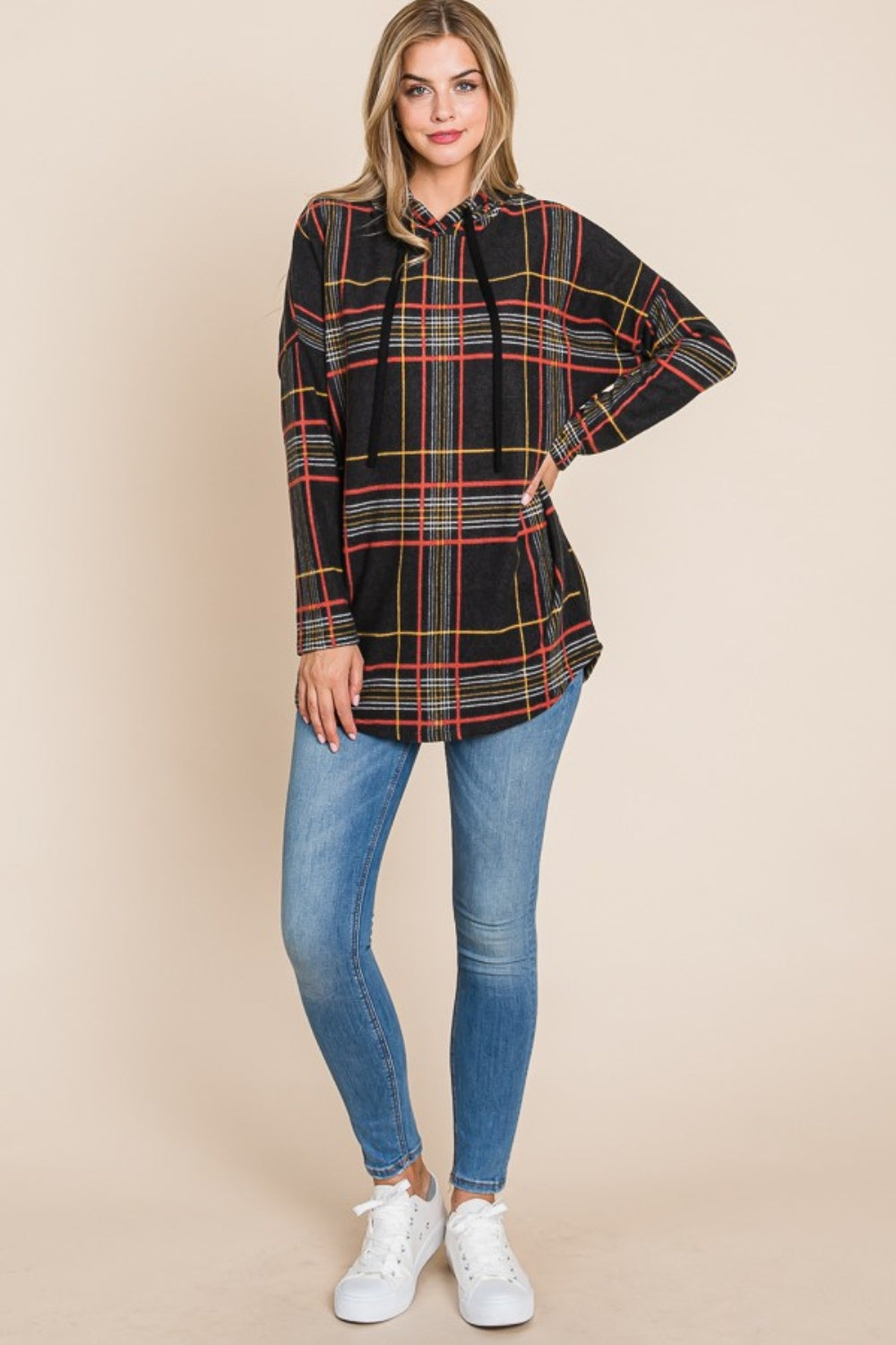 BOMBOM Drawstring Plaid Long Sleeve Hoodie-TOPS / DRESSES-[Adult]-[Female]-2022 Online Blue Zone Planet