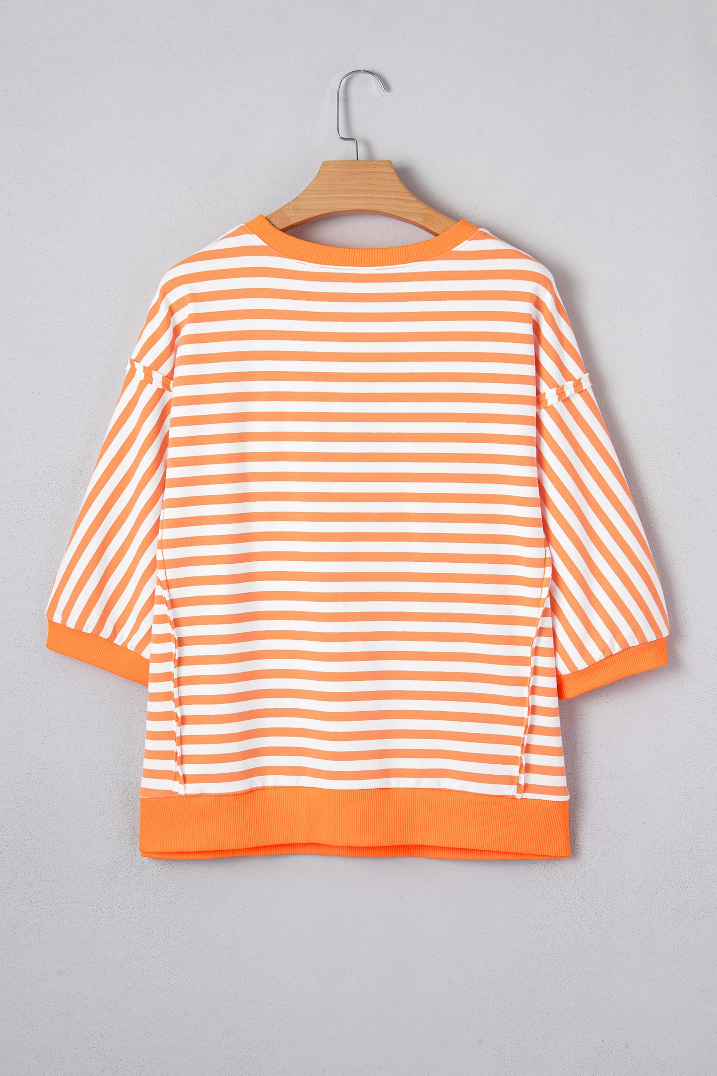 Orange Stripe 3/4 Sleeve Exposed Seam Patchwork Pullover Top-Tops/Tops & Tees-[Adult]-[Female]-2022 Online Blue Zone Planet