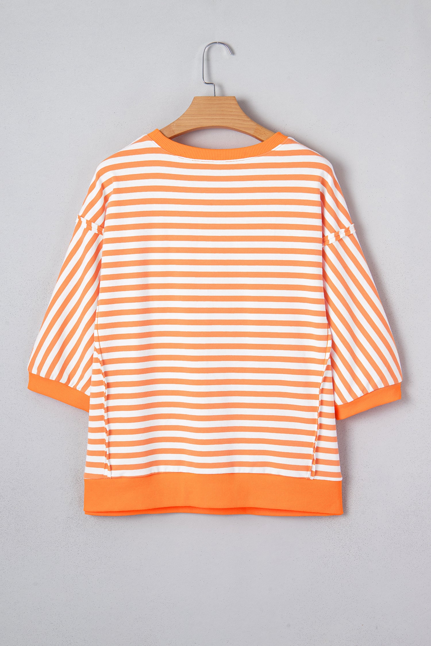 Orange Stripe 3/4 Sleeve Exposed Seam Patchwork Pullover Top-Tops/Tops & Tees-[Adult]-[Female]-2022 Online Blue Zone Planet