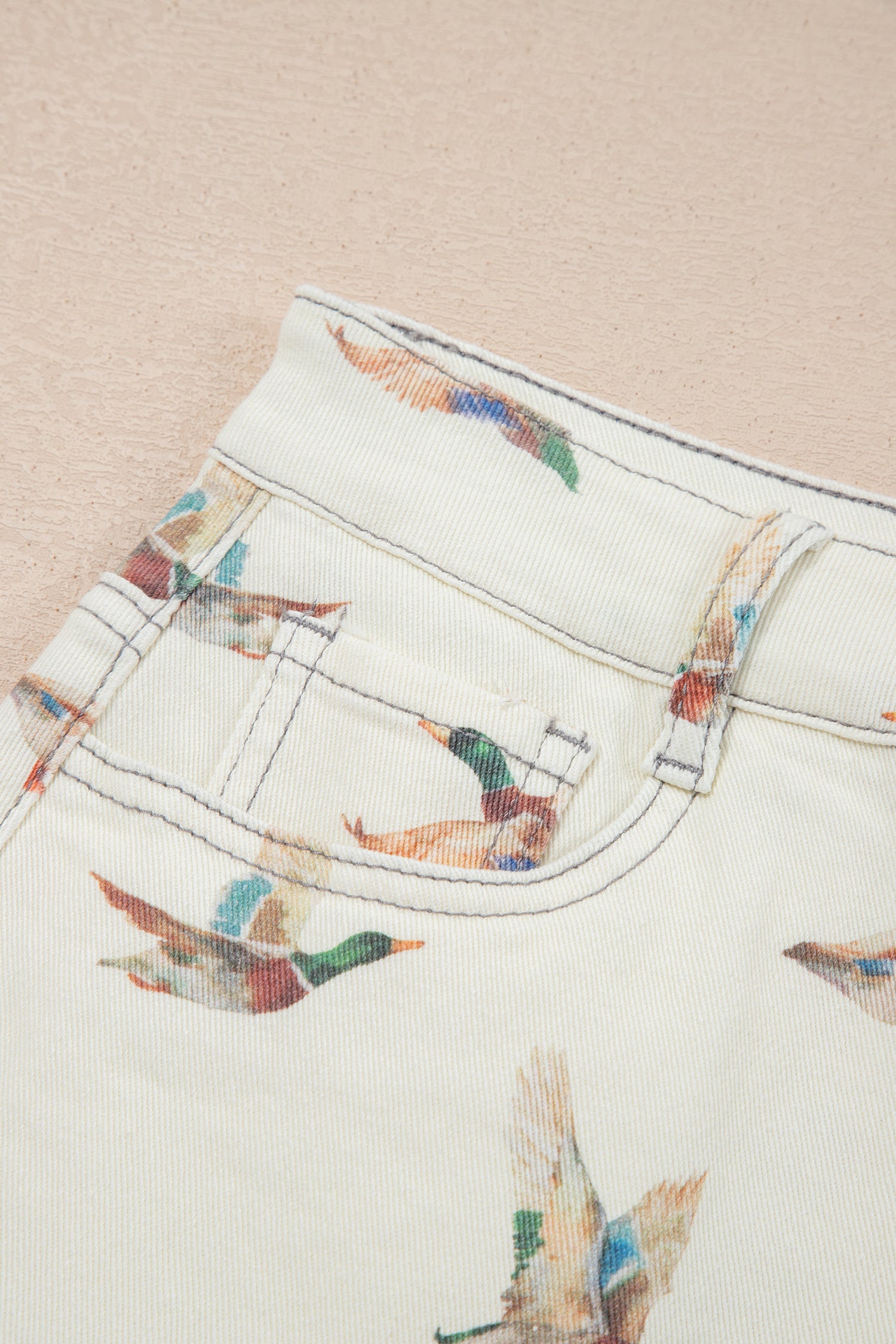 Beige Wild Duck Mallard High Waist Frayed Denim Shorts-Bottoms/Denim Shorts-[Adult]-[Female]-2022 Online Blue Zone Planet