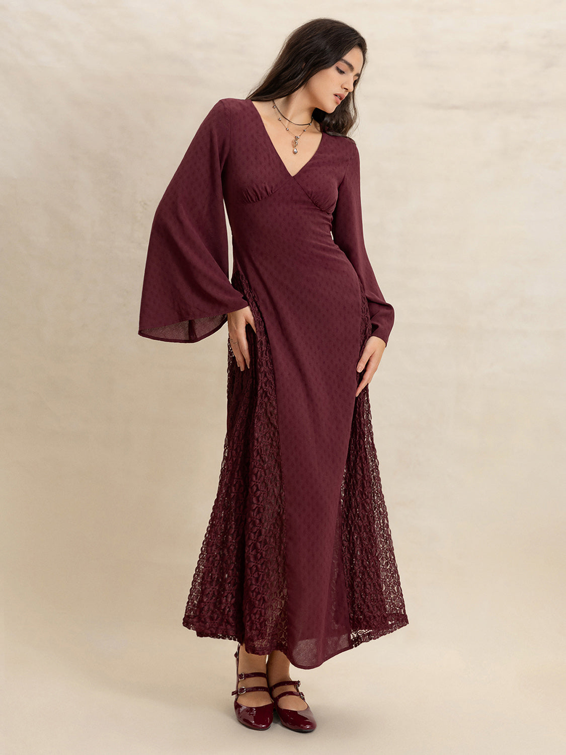 Lace Patchwork V-Neck Long Sleeve Midi Dress-TOPS / DRESSES-[Adult]-[Female]-2022 Online Blue Zone Planet