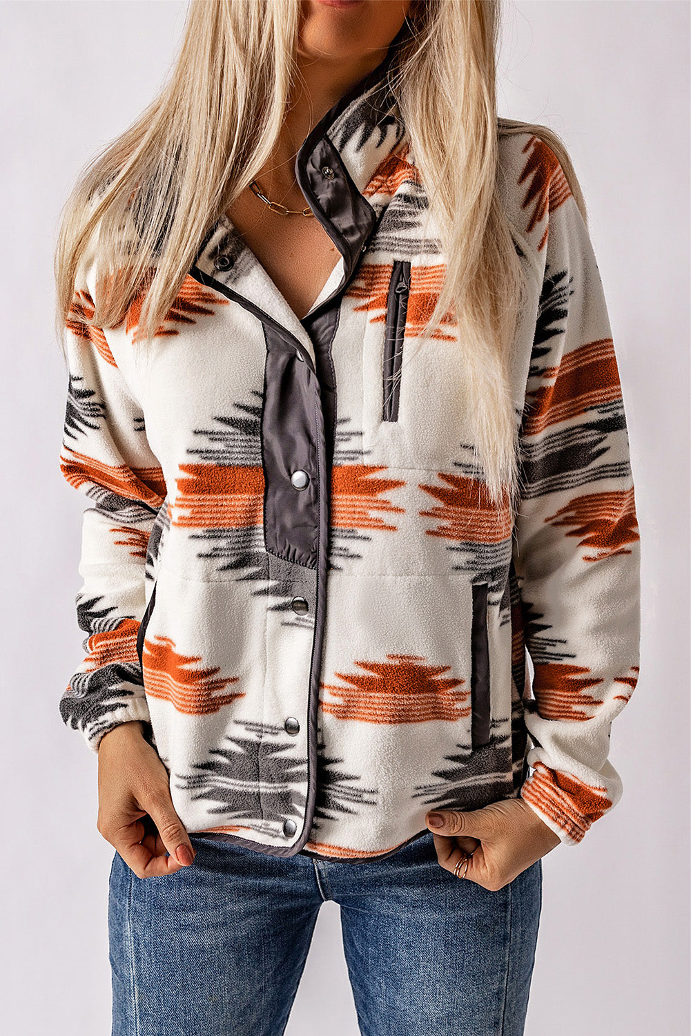 Multicolour Western Aztec Snap Buttoned Fleece Jacket-Outerwear/Jackets-[Adult]-[Female]-Gray-S-2022 Online Blue Zone Planet