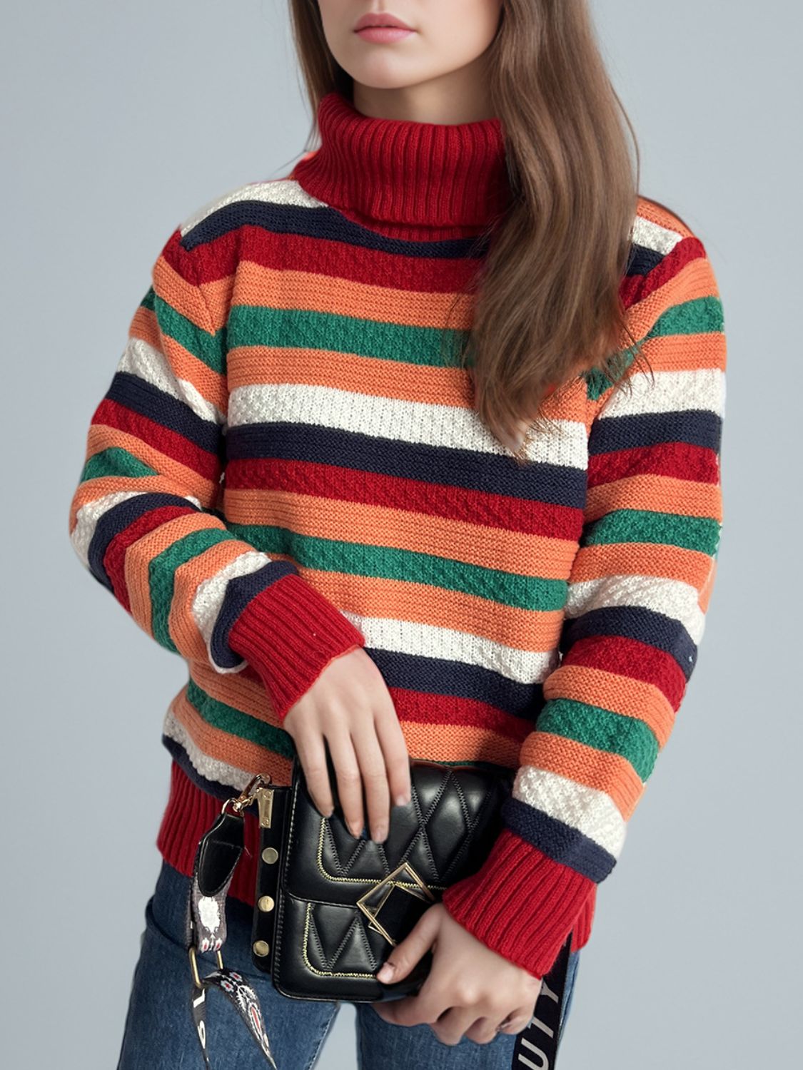 Blue Zone Planet | Contrast Stripes Turtleneck Long Sleeve Sweater-TOPS / DRESSES-[Adult]-[Female]-2022 Online Blue Zone Planet