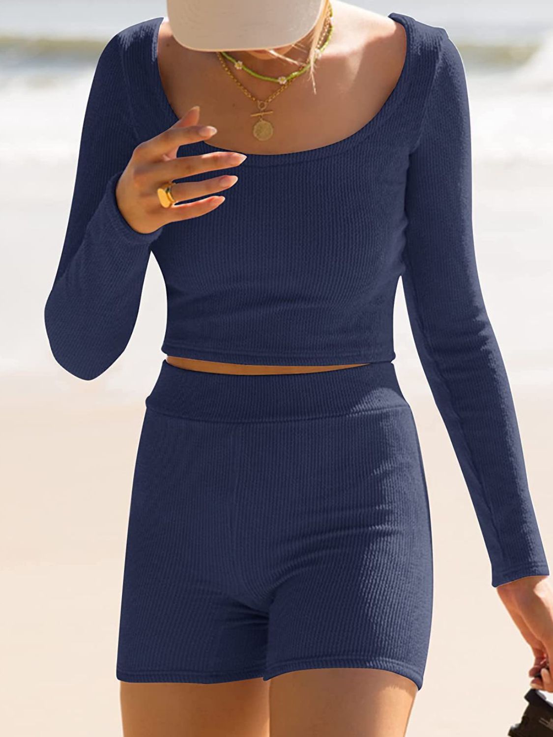 Blue Zone Planet | Scoop Neck Long Sleeve Top and Shorts Set-TOPS / DRESSES-[Adult]-[Female]-2022 Online Blue Zone Planet