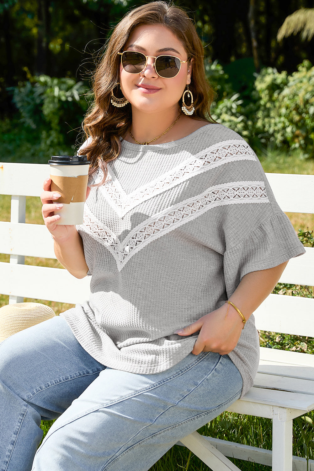 Light Grey Lace Insert Waffle Ruffle Short Sleeve Plus Size Top-Plus Size/Plus Size Tops/Plus Size Tops & Tees-[Adult]-[Female]-2022 Online Blue Zone Planet