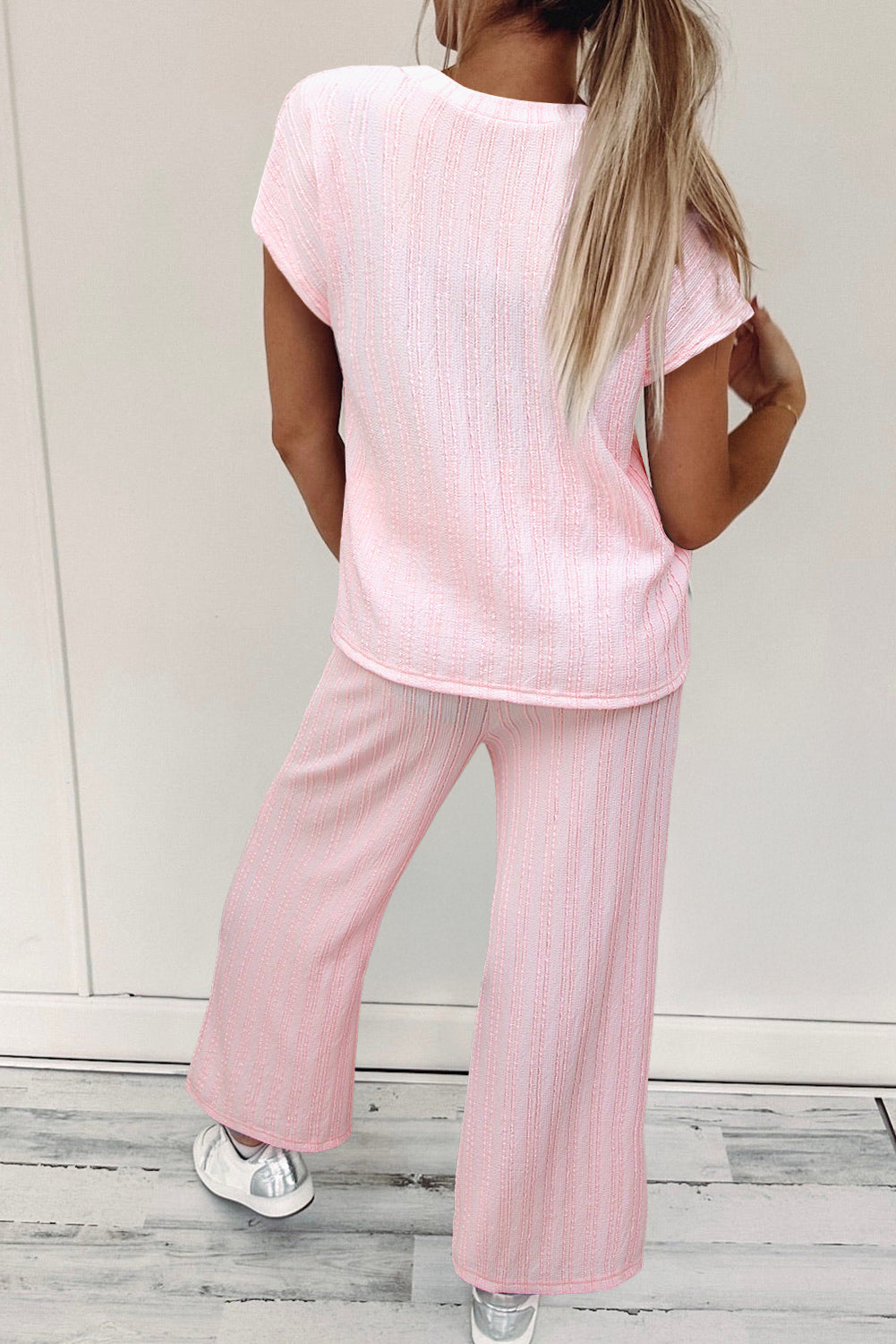 Light Pink Textured Short Sleeve Henley Top and Pocketed Wide Leg Pants-Two Piece Sets/Pant Sets-[Adult]-[Female]-2022 Online Blue Zone Planet