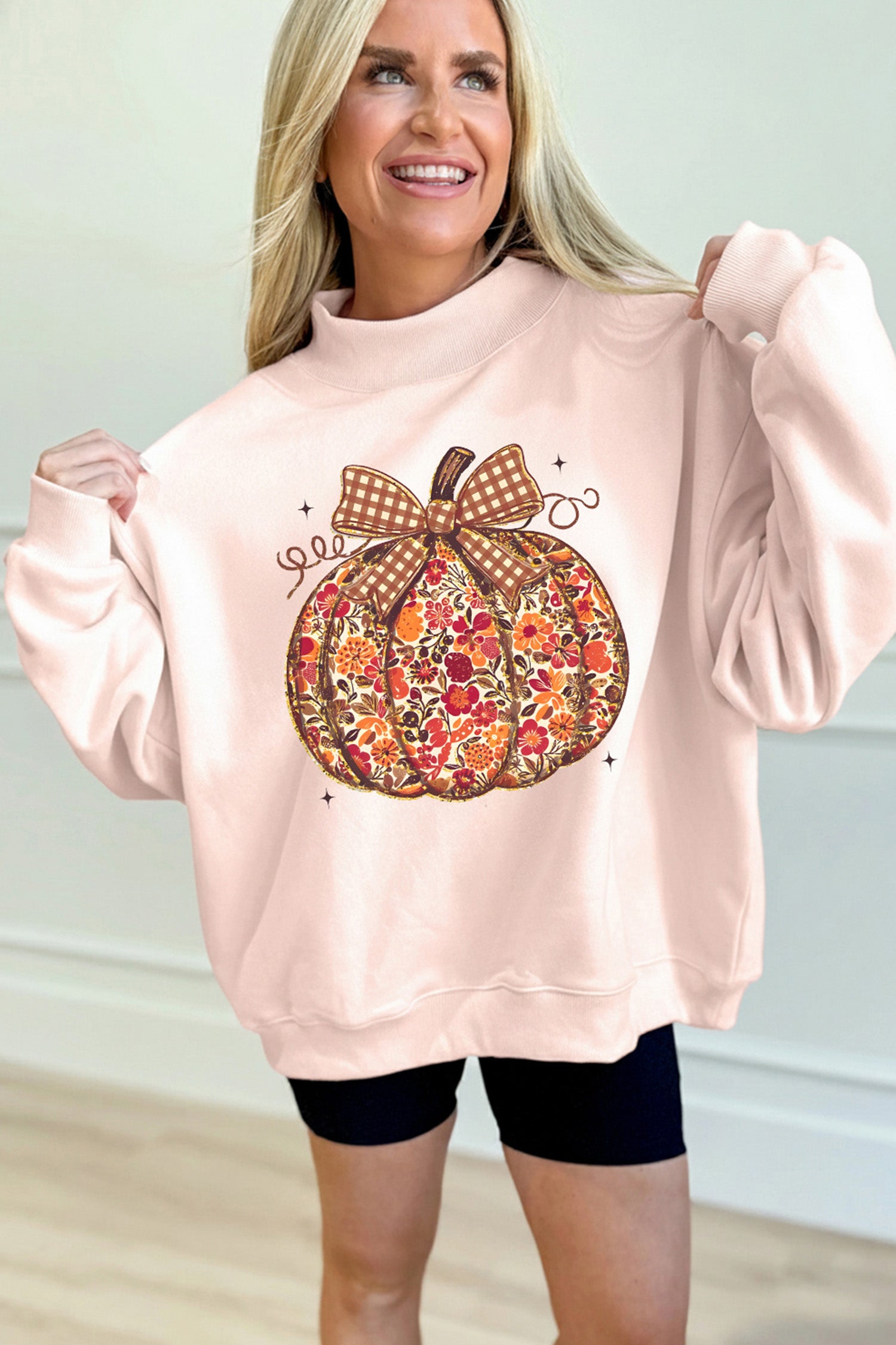 Apricot Pink Floral Pumpkin Graphic Mock Neck Oversized Sweatshirt-Graphic/Graphic Sweatshirts-[Adult]-[Female]-2022 Online Blue Zone Planet