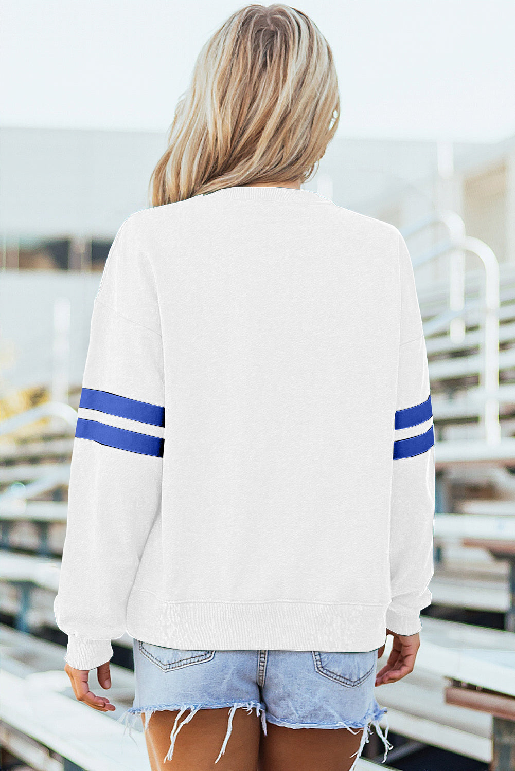 White Varsity Striped Detail Drop Shoulder Oversized Sweatshirt-Tops/Sweatshirts & Hoodies-[Adult]-[Female]-2022 Online Blue Zone Planet
