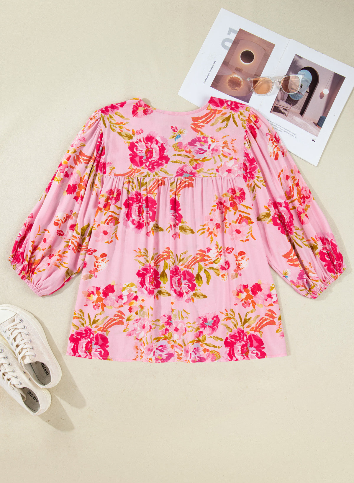 Pink Plus Size Floral Print V Neck Tie Front Short Sleeve Tunic Top-Plus Size/Plus Size Tops/Plus Size Blouses & Shirts-[Adult]-[Female]-2022 Online Blue Zone Planet