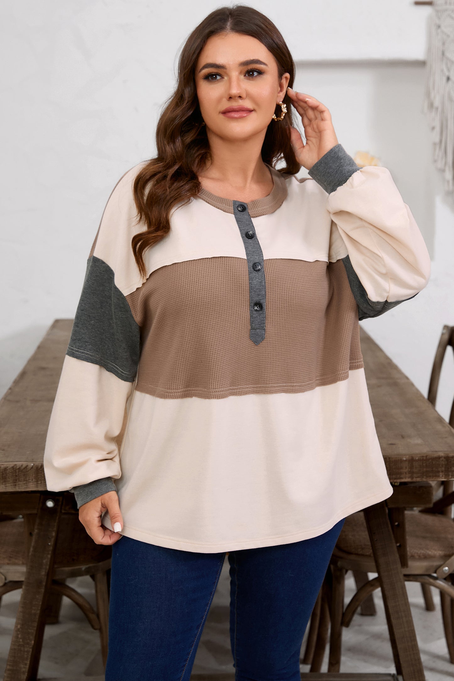 Jet Stream Waffle Patchwork Colorblock Half Buttons Casual Plus Size Knit Jumper-Plus Size/Plus Size Tops/Plus Size Long Sleeve Tops-[Adult]-[Female]-2022 Online Blue Zone Planet