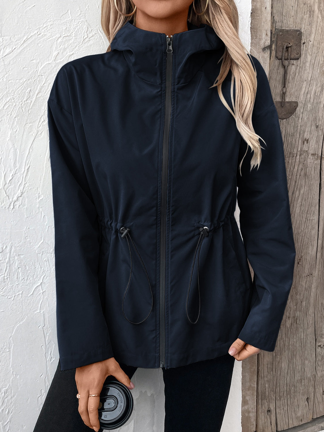 Blue Zone Planet | Drawstring Zip Up Hooded Jacket-TOPS / DRESSES-[Adult]-[Female]-Navy-S-2022 Online Blue Zone Planet