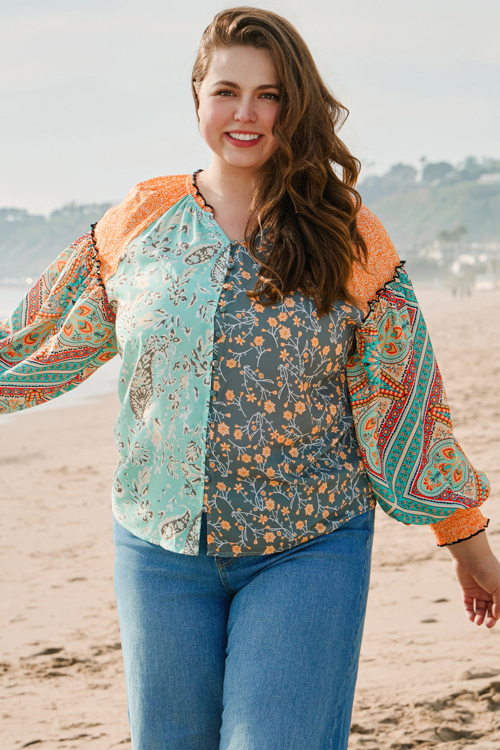 Blue Zone Planet | Green Floral Patchwork Lantern Sleeve Buttoned V Neck Plus Size Blouse-Plus Size/Plus Size Tops/Plus Size Blouses & Shirts-[Adult]-[Female]-2022 Online Blue Zone Planet