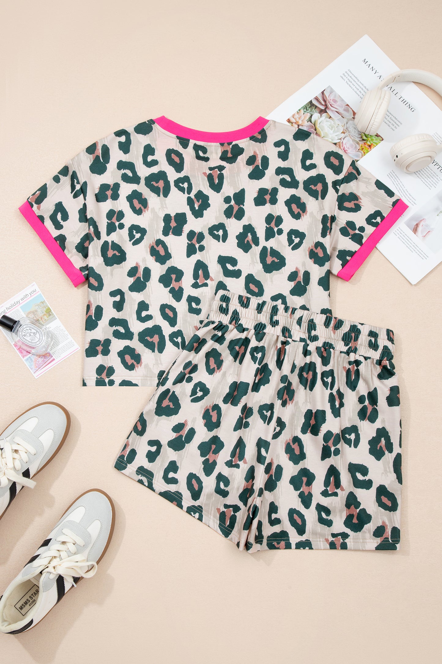 Brown Unique Leopard Print Contrast Trim Top Loose 2pcs Short Set-Two Piece Sets/Short Sets-[Adult]-[Female]-2022 Online Blue Zone Planet