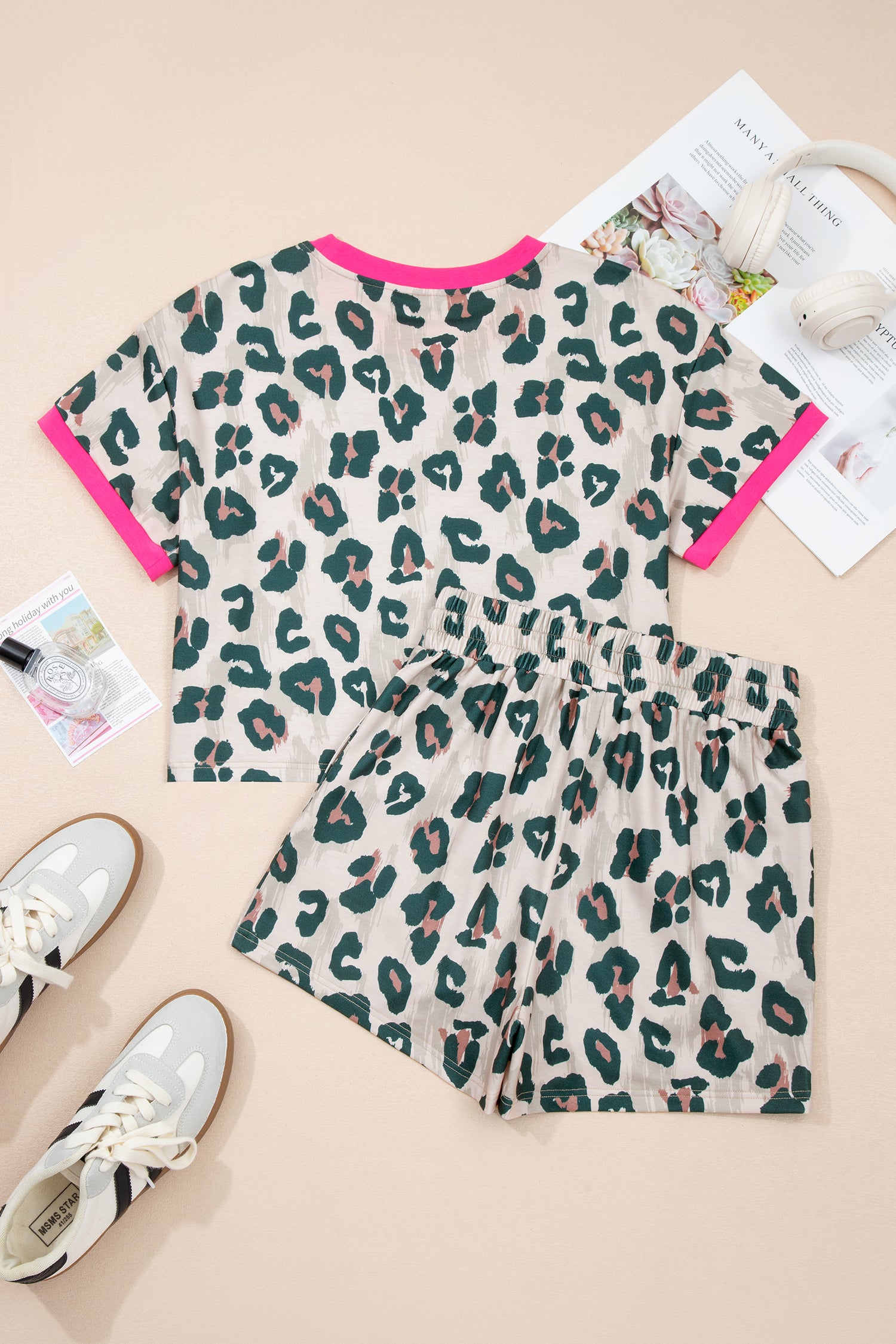 Brown Unique Leopard Print Contrast Trim Top Loose 2pcs Short Set-Two Piece Sets/Short Sets-[Adult]-[Female]-2022 Online Blue Zone Planet