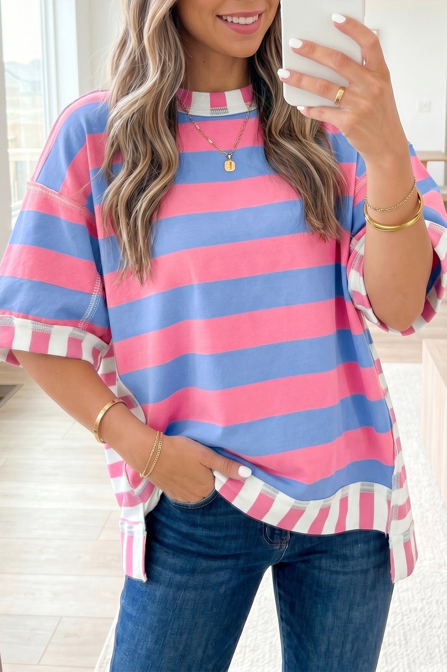 Pink Stripe Exposed Seam Contrast Patchwork Oversized Top-Tops/Tops & Tees-[Adult]-[Female]-2022 Online Blue Zone Planet
