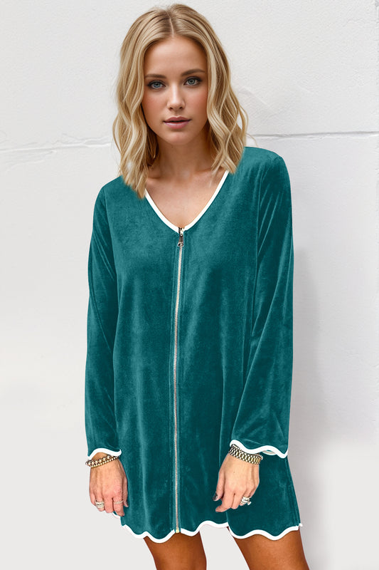 Blue Zone Planet | Double Take Wave Contrast Trim V-Neck Zip Up Long Sleeve Mini Dress-TOPS / DRESSES-[Adult]-[Female]-Teal-S-2022 Online Blue Zone Planet