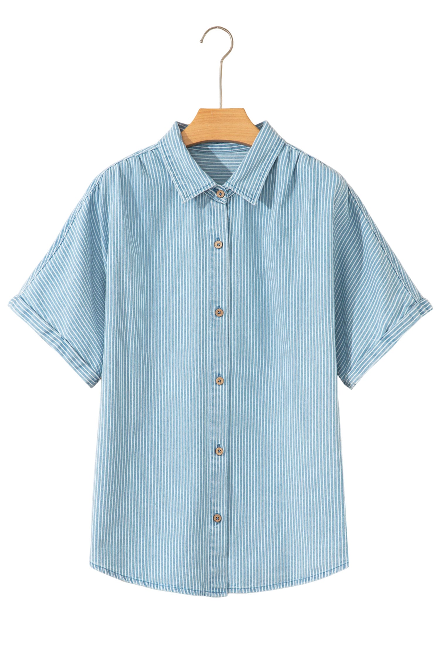 Sky Blue Stripe Cuffed Short Sleeve Button up Loose Shirt-Tops/Blouses & Shirts-[Adult]-[Female]-2022 Online Blue Zone Planet