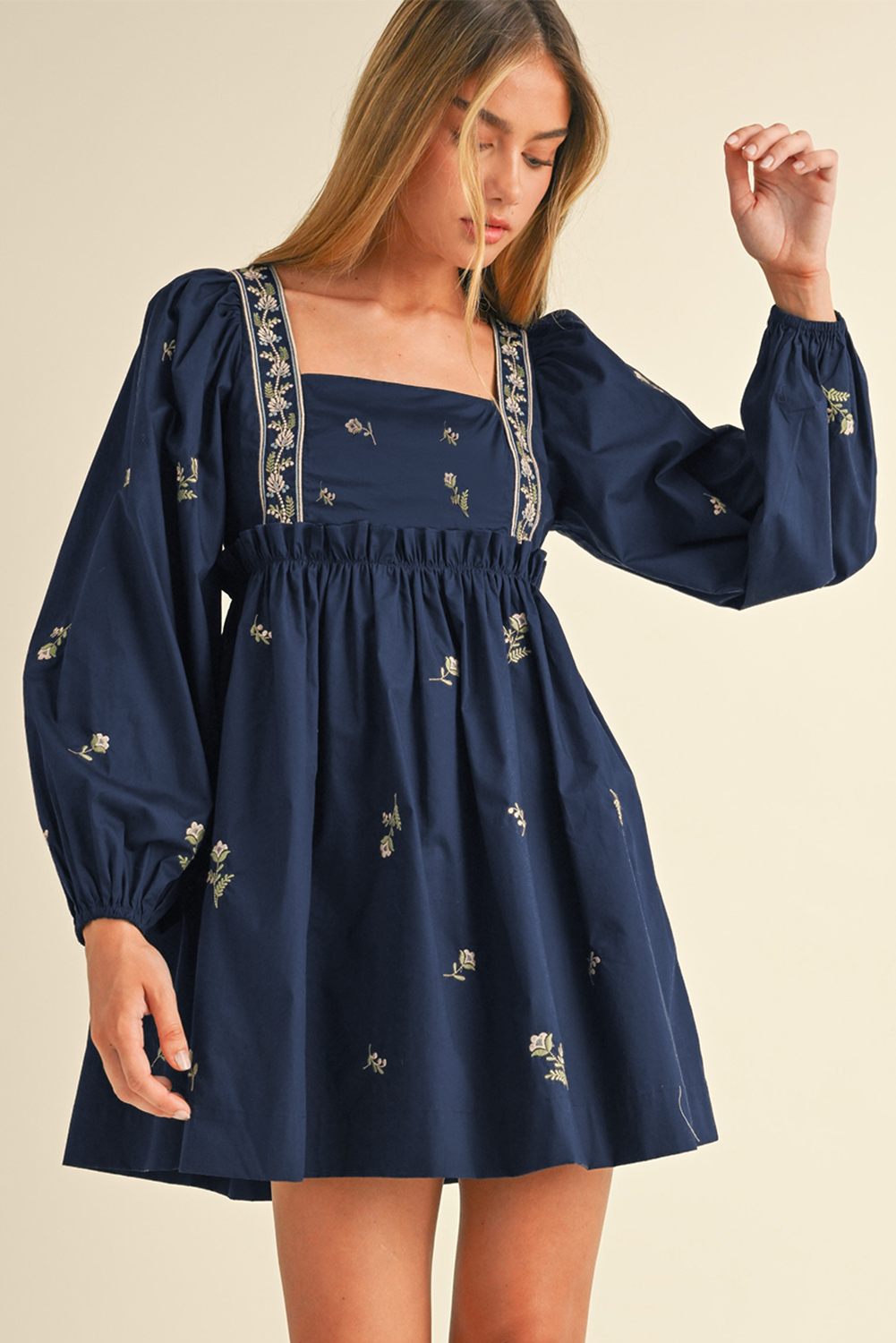 Blue Zone Planet | Blue Floral Embroidered Puff Sleeve Babydoll Dress-TOPS / DRESSES-[Adult]-[Female]-2022 Online Blue Zone Planet