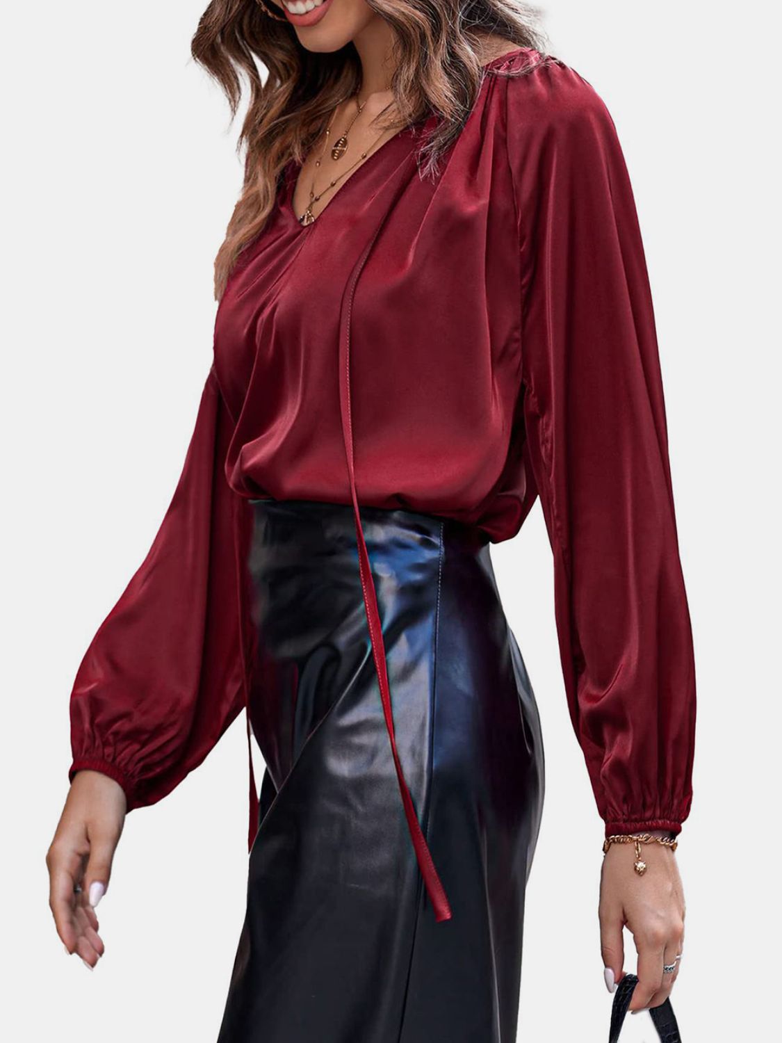 Ruched Tie Neck Balloon Sleeve Blouse-TOPS / DRESSES-[Adult]-[Female]-2022 Online Blue Zone Planet