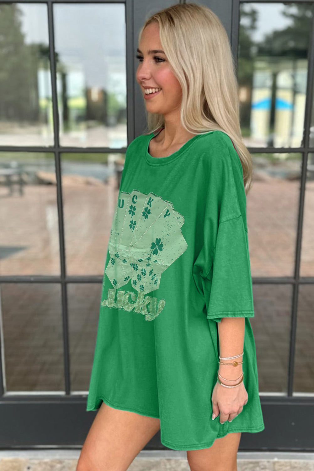 Bright Green Rhinestone Lucky Poker Cards Oversized T Shirt Mini Dress-TOPS / DRESSES-[Adult]-[Female]-2022 Online Blue Zone Planet