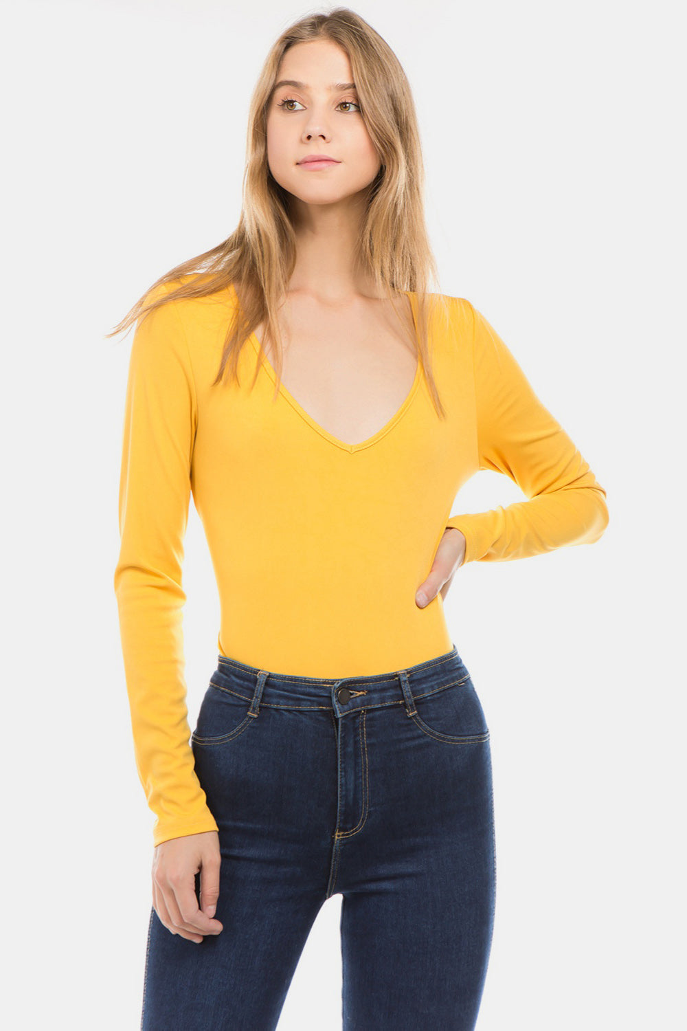 Shiny V-Neck Long Sleeve Bodysuit-TOPS / DRESSES-[Adult]-[Female]-Yellow-S-2022 Online Blue Zone Planet