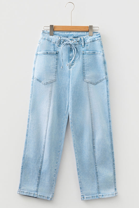 Myosotis Exposed Stitch Detail Drawstring Barrel Jeans-Bottoms/Jeans-[Adult]-[Female]-Myosotis-4-2022 Online Blue Zone Planet