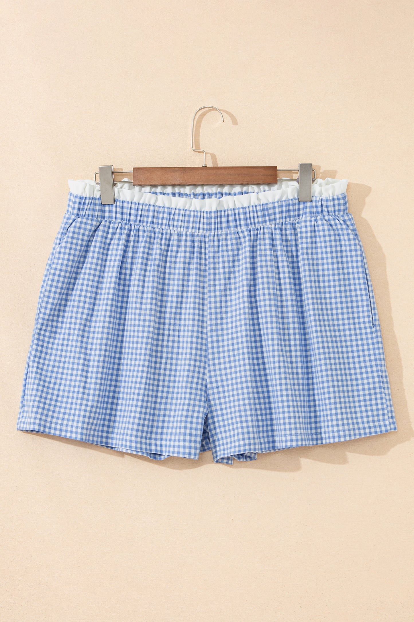 Sky Blue Contrast Trim Plaid Print Plus Size Shorts-Plus Size/Plus Size Bottoms-[Adult]-[Female]-2022 Online Blue Zone Planet