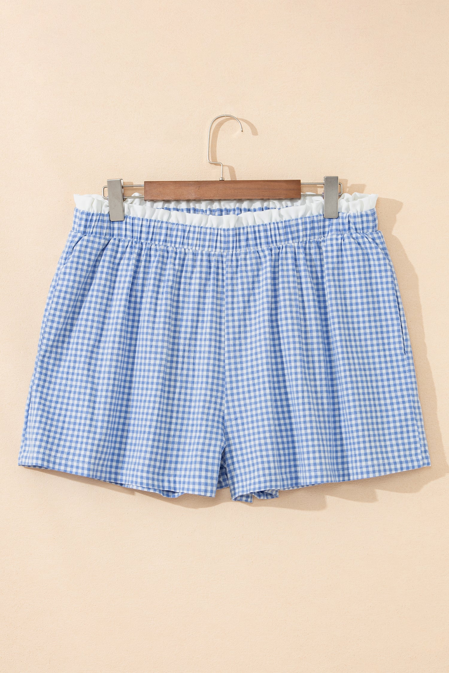 Sky Blue Contrast Trim Plaid Print Plus Size Shorts-Plus Size/Plus Size Bottoms-[Adult]-[Female]-2022 Online Blue Zone Planet