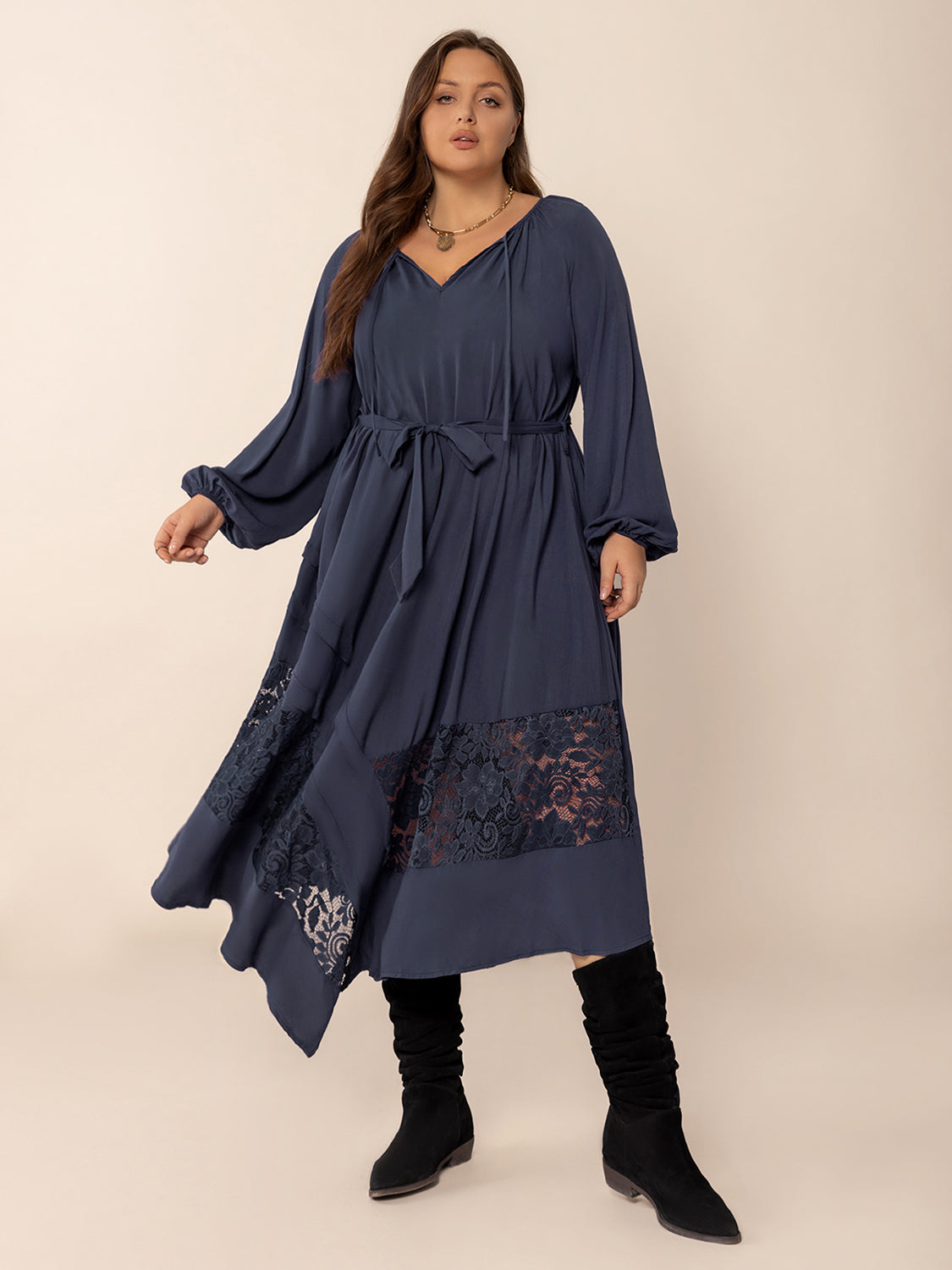 Blue Zone Planet | Plus Size Lace Detail Tie Neck Long Sleeve Midi Dress-TOPS / DRESSES-[Adult]-[Female]-Dark Navy-0XL-2022 Online Blue Zone Planet