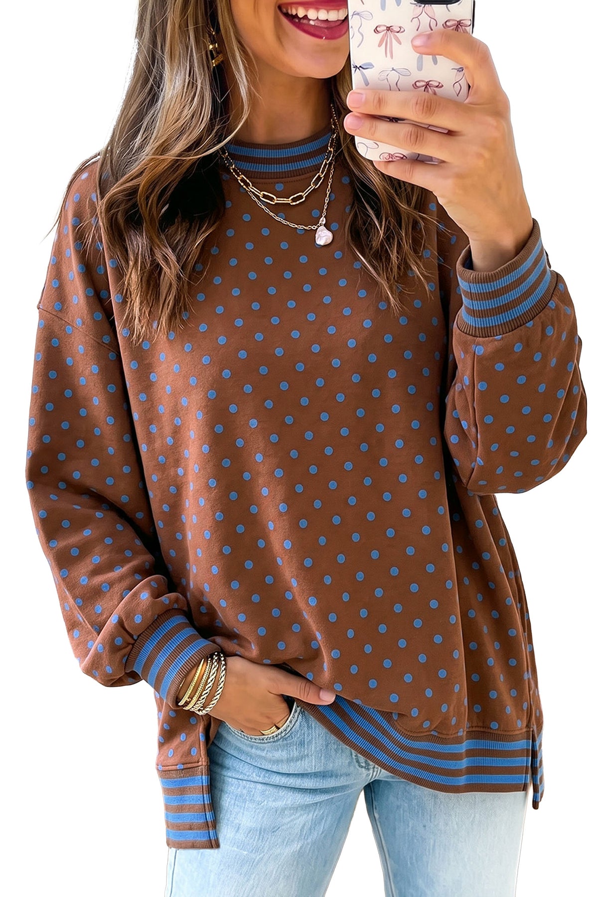 Brown Polka Dot Striped Trim Split Hem Casual Tunic Pullover Sweatshirt-Tops/Sweatshirts & Hoodies-[Adult]-[Female]-2022 Online Blue Zone Planet