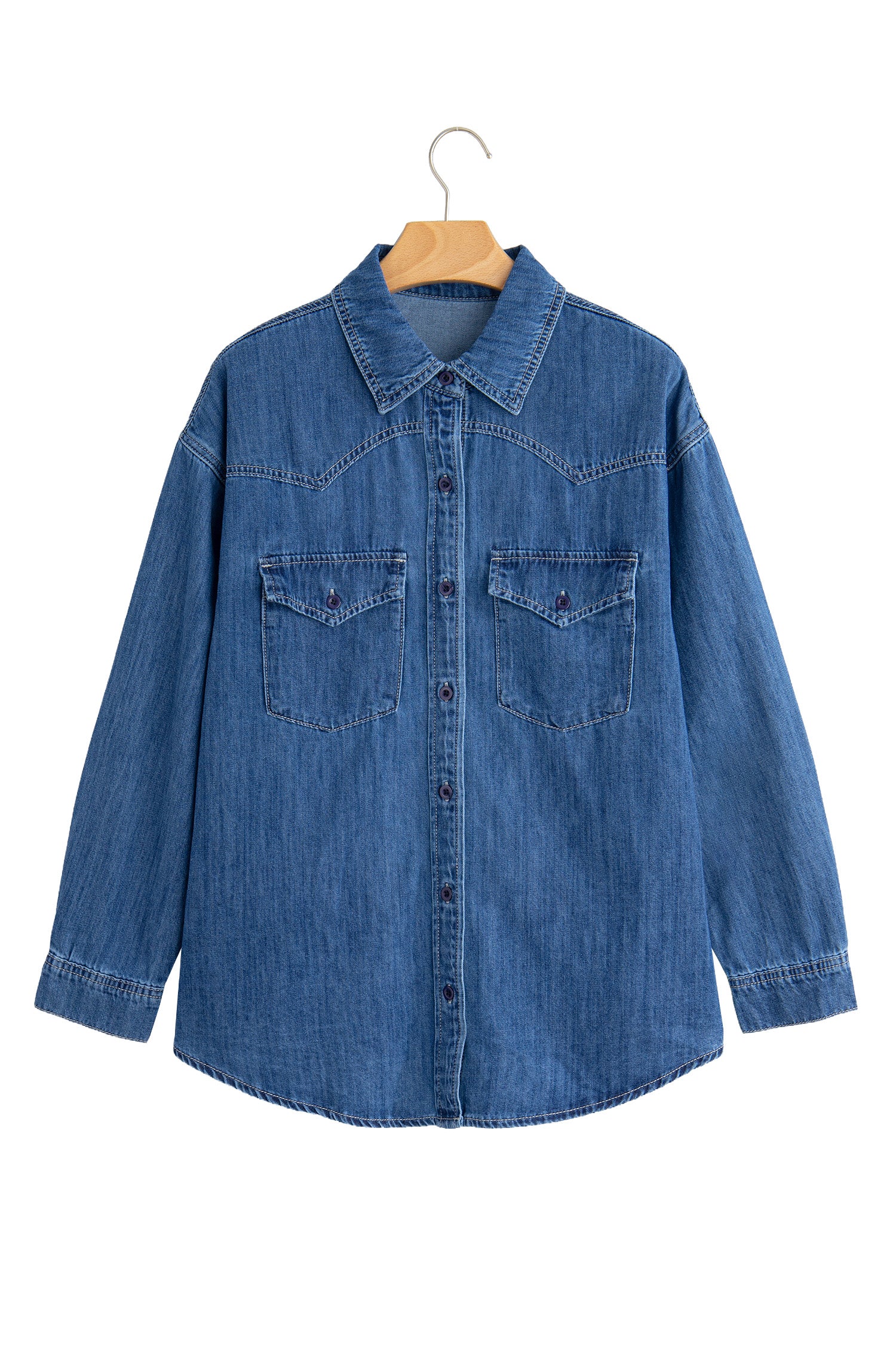 Sail Blue Western Patch Pockets Tunic Length Long Sleeve Denim Shirt-Tops/Blouses & Shirts-[Adult]-[Female]-2022 Online Blue Zone Planet