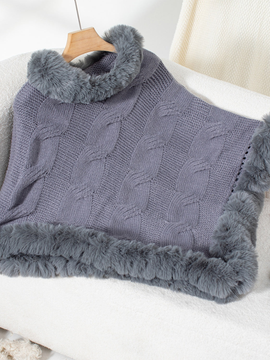 Fuzzy Hem Cable-Knit Poncho-TOPS / DRESSES-[Adult]-[Female]-Dark Gray-One Size-2022 Online Blue Zone Planet